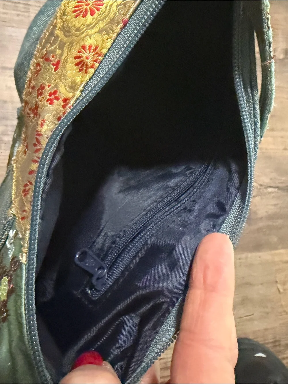 Patchwork Heart Denim Bag in Sage Green and gold accent colors.